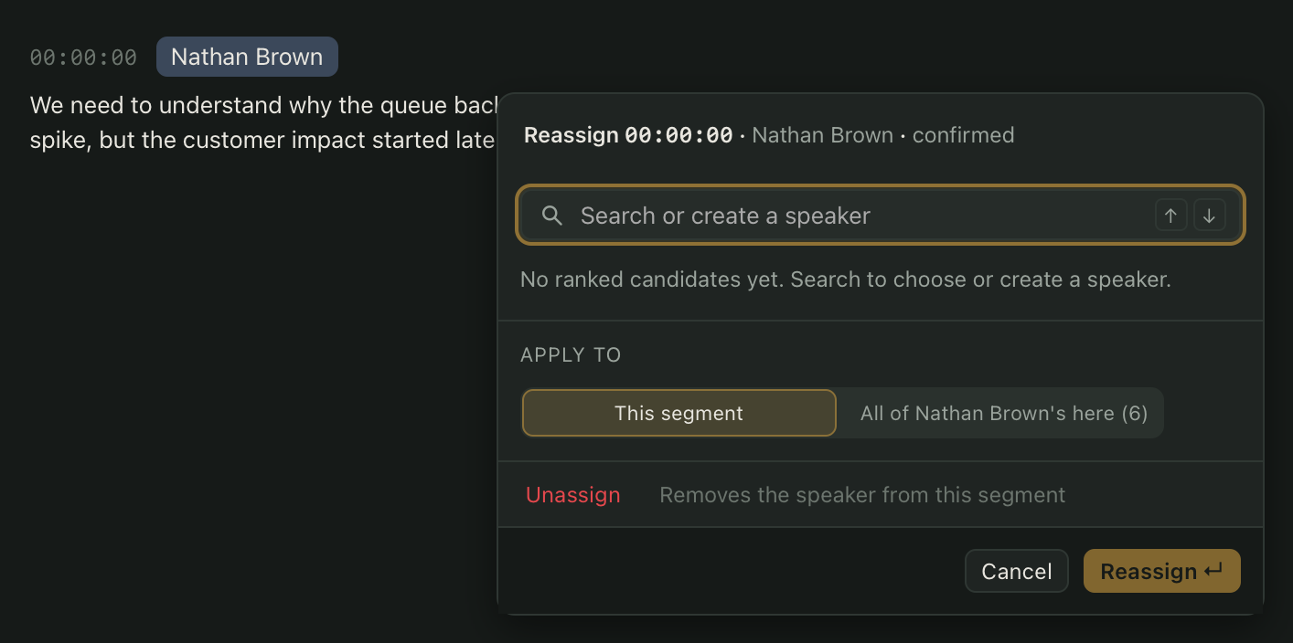 The speaker editor open over a transcript segment, ranking known speakers by match