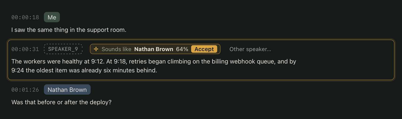 A meeting's transcript, with the speaker map and playback controls