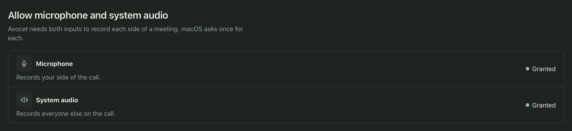 The onboarding permissions step, showing microphone and system audio both granted