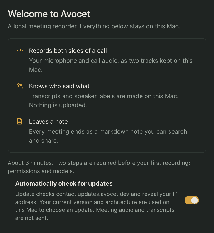 The Avocet onboarding welcome screen, listing what the app does