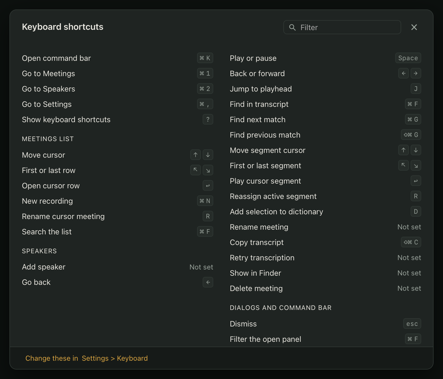 The keyboard shortcuts sheet, open over the app