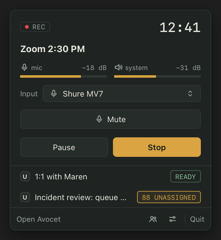 The menu bar popover during a recording, with live input and Stop controls