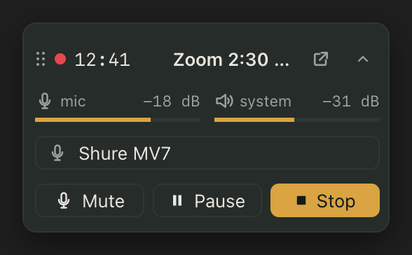 The floating recording widget, expanded, showing input levels and controls