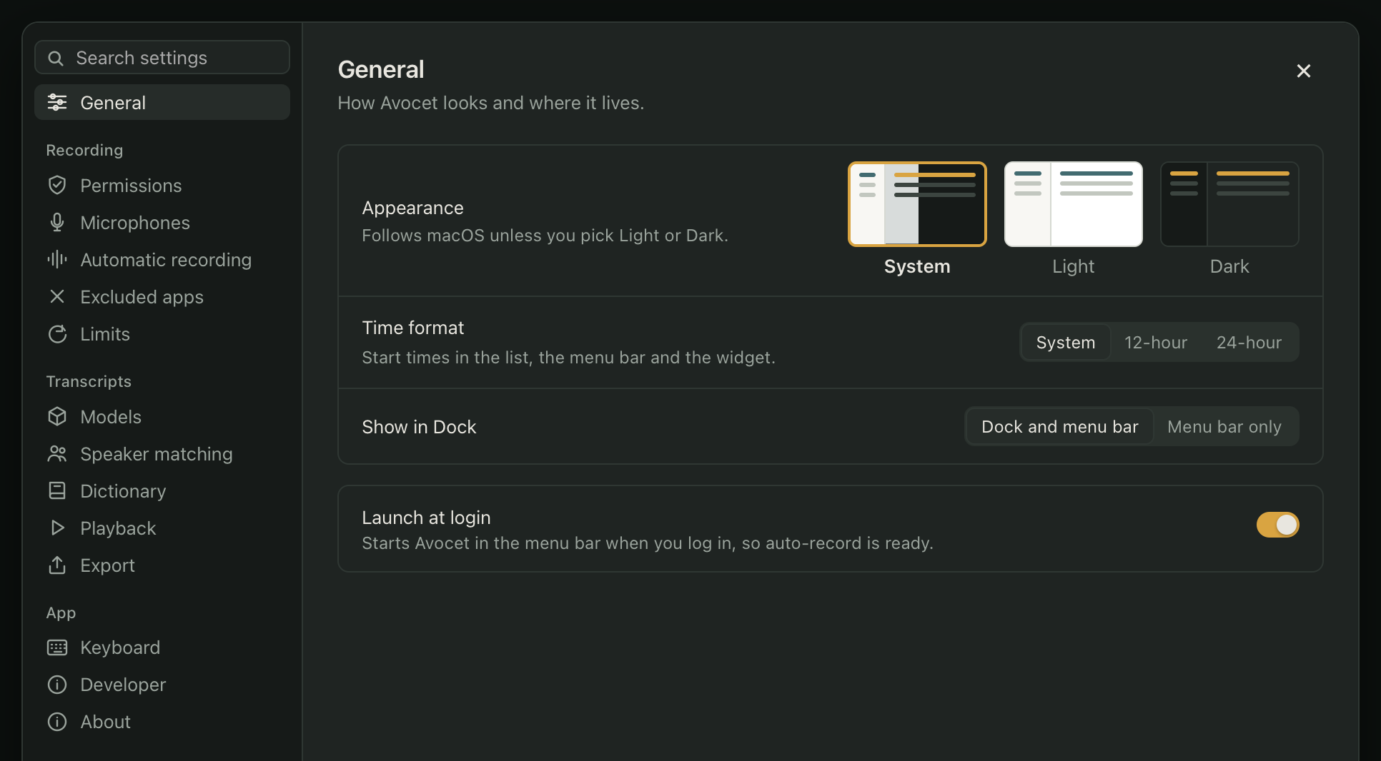 The Settings window, open to General