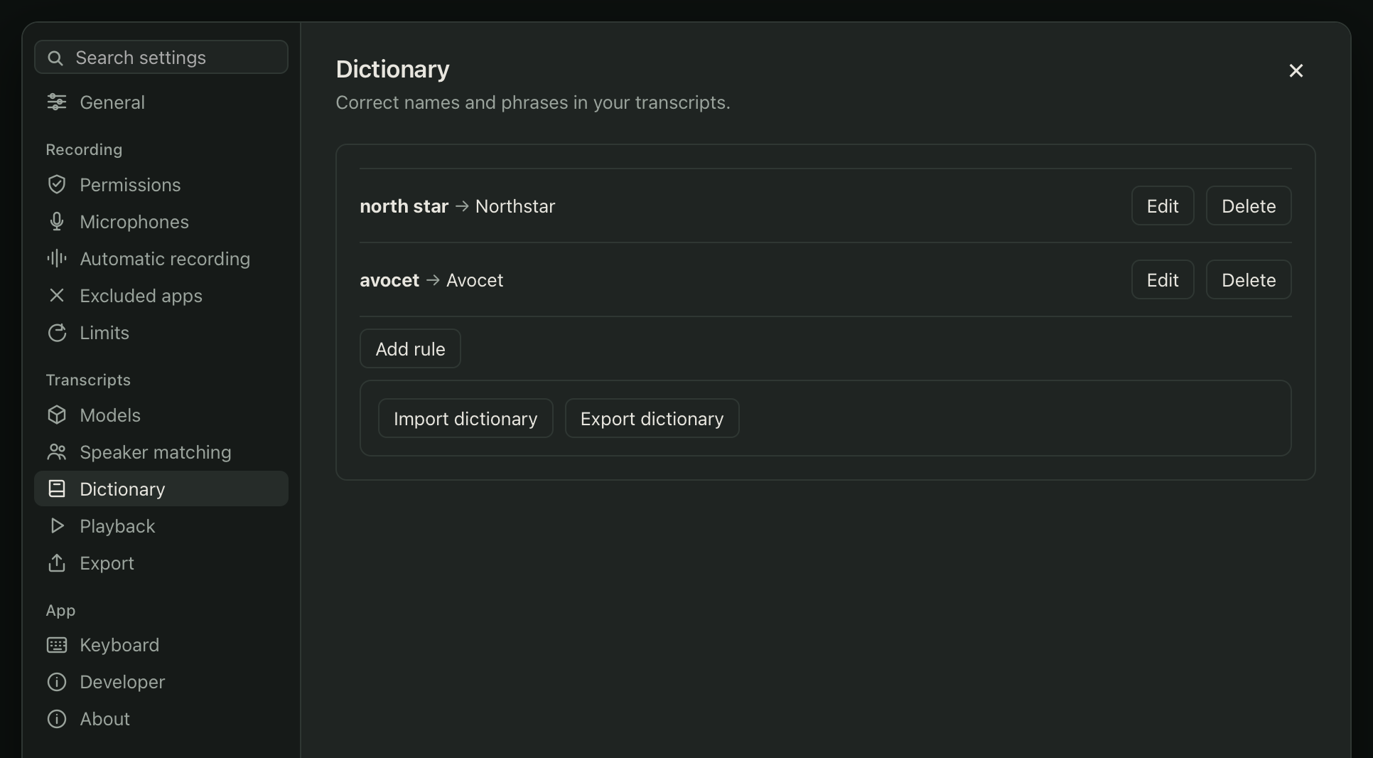 The Dictionary section in Settings, listing saved rules