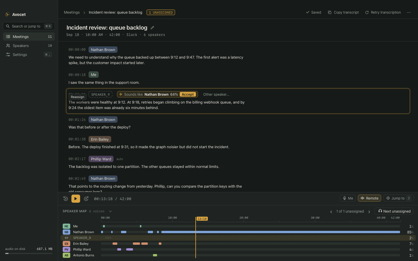 Avocet meeting view showing an incident review transcript and speaker timeline