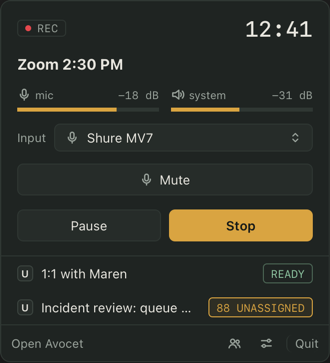 Avocet menu bar recording popover for Zoom with microphone and system levels, input, and pause or stop controls