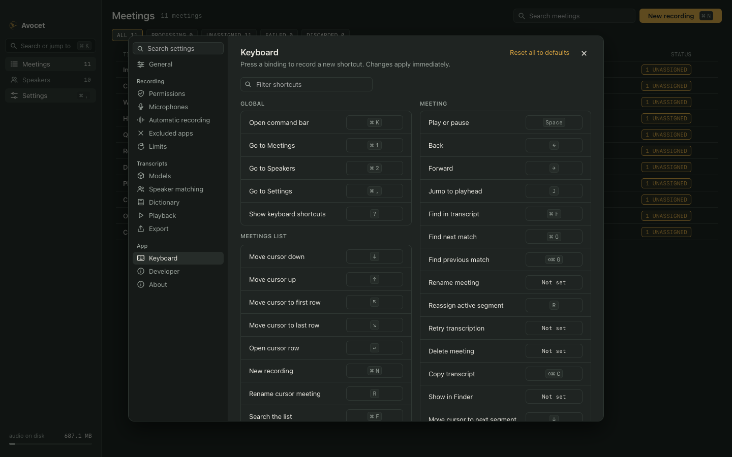 Avocet keyboard settings with editable shortcut bindings