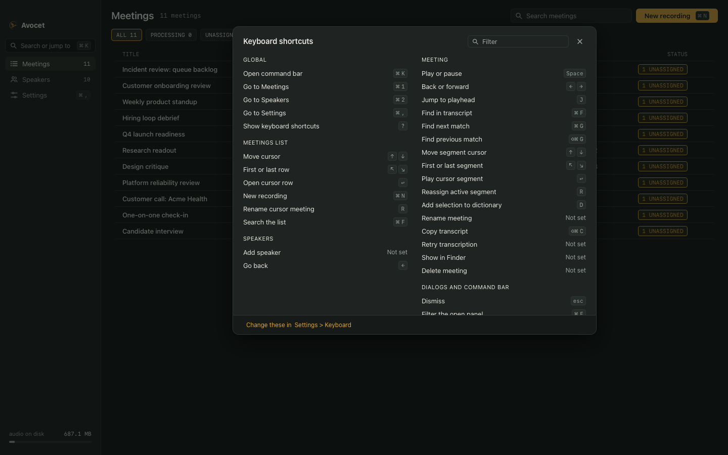 Avocet keyboard shortcuts sheet grouped by app area