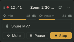 Expanded Avocet floating recording widget showing the 12:41 timer, Zoom, input, audio levels, and controls